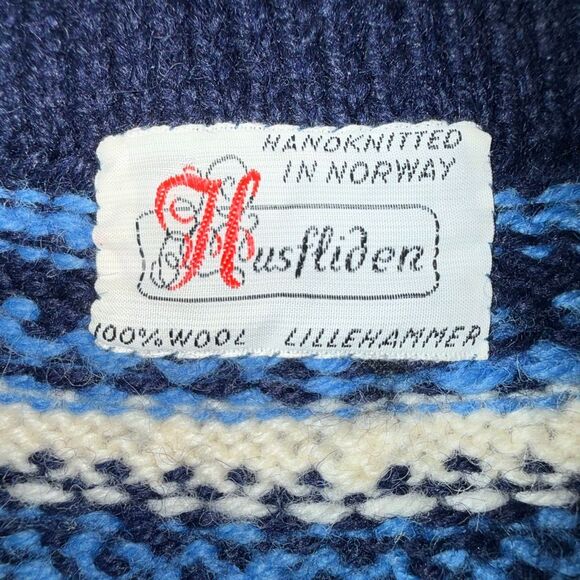 Vintage Norwegian Hand Knit Wool Cardigan Fair Isle Nordic Blue Button Front Wom - Picture 8 of 11